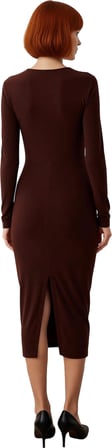 Kadın Bisiklet Yaka Bodycon Midi Elbise Aksesuarlı Uzun Kollu Sandy Kumaş Zarif Kış Kombinleri