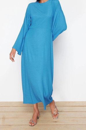 Yeni Regular Casual Günlük Bürümcük Örme Bisiklet Yaka Uzun Kol Skater Maxi Boy Tesettür Elbise