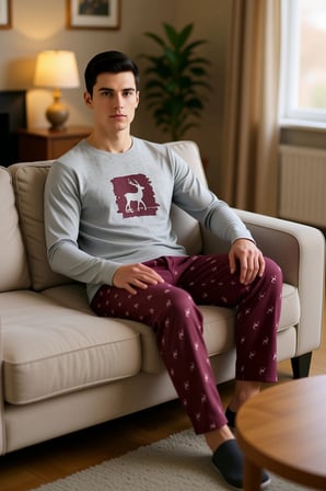 Unisex Geyik Baskılı Bisiklet Yaka Pijama Takımı Fonksiyonel Dayanıklı Kaliteli Konforlu Şık
