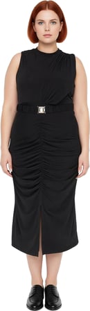 Kadın Kolsuz Bodycon Midi Elbise Düz Tasarım Örme Kumaş Yırtmaç Detayıyla Göz Kamaştırır Kaliteli