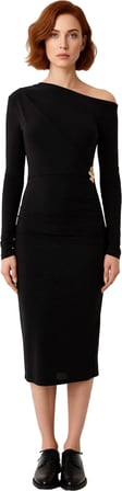 Kadın Fashion Forward Düz Desen Aksesuar Detaylı Siyah Midi Elbise Uzun Kollu Bodycon