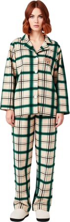 Kadın Polar Pijama Takımı Ekose Nakışlı Gömlek Yaka Fonksiyonel Dayanıklı Kaliteli Estetik