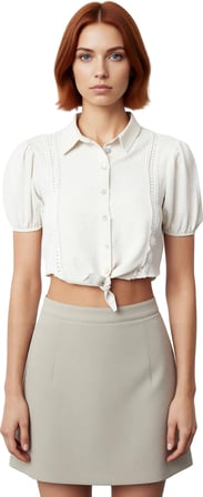 Moda Gömlek Yaka Dokuma Crop Düz Desen Plaj Crop Kısa Kol Bluz