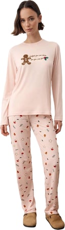 Kadın Pudra Nakışlı Kış Temalı Örme Pijama Fonksiyonel Dayanıklı Kaliteli Konforlu Estetik