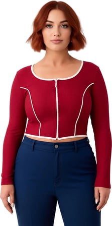Kadın Uzun Kollu Fermuarlı Bluz Vücuda Oturan Kesim Esnek Örme Crop Model Kontrast Biye Detayları