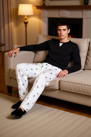 Unisex Bisiklet Yaka Waffle Pijama Takımı Kayak Desenli Pantolon Fonksiyonel Dayanıklı Şık