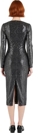 Kadın Uzun Kollu Payet Dokulu Bodycon Midi Elbise V Yaka Cut Outlı Gece Kokteyl Şıklığı Kaliteli