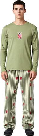 Erkek Ayıcıklı Çizgili Pijama Takımı Bisiklet Yaka Fonksiyonel Dayanıklı Kaliteli Konforlu