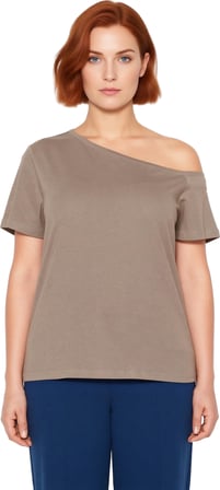 Moda Büyük Beden Devrik Yaka Örme Regular Düz Desen Casual Günlük Crop Kısa Kol Bluz