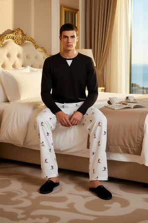 Unisex Bisiklet Yaka Waffle Pijama Takımı Kayak Desenli Pantolon Fonksiyonel Dayanıklı Şık