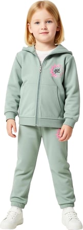 Kız Çocuk Sloganlı Fermuarlı Sweatshirt ve Eşofman Altı Kombinasyonu Kaliteli Şık Rahat