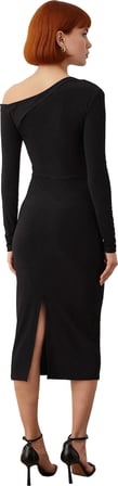 Kadın Fashion Forward Düz Desen Aksesuar Detaylı Siyah Midi Elbise Uzun Kollu Bodycon