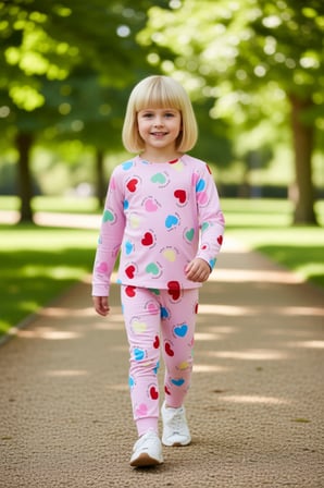 Kız Çocuk Pamuk Polyester Örme Kalp Desenli Pijama Takımı Kaliteli Şık Rahat  Günlük