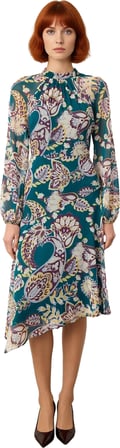 Kadın Şal Desenli Midi Boy Astarlı Şifon Dokuma A Kesim Reglan Kol Dik Yaka Elbise Kaliteli