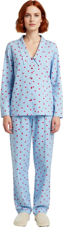 Kadın Kalp Çizgili Dokuma Pijama Takımı Fonksiyonel Dayanıklı Kaliteli Konforlu Estetik Şık