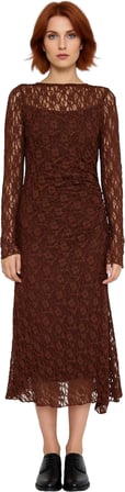 Kadınlara Özel Dantel Midi Elbise Bodycon Kesim Kayık Yaka Uzun Kol Sırt Dekolteli Gece Şıklığı