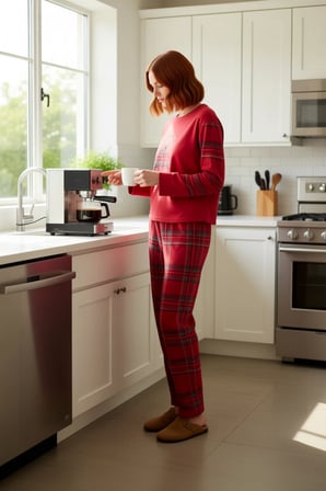 Kadin Kirmizi Polar Pijama Takımı Ekose Desenli Fonksiyonel Dayanıklı Kaliteli Konforlu Şık