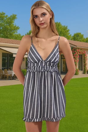 V Yaka İnce Askılı Flamlı Pamuk Midi Elbise Rahat Yazlık Modern Stil Özel Tasarım Modern Stil