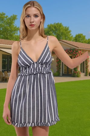 V Yaka İnce Askılı Flamlı Pamuk Midi Elbise Rahat Yazlık Modern Stil Özel Tasarım Modern Stil