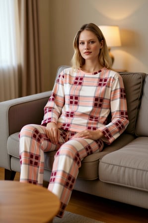 Kadın Ekose Desenli Pijama Takımı Bisiklet Yaka Fonksiyonel Dayanıklı Kaliteli Konforlu Şık