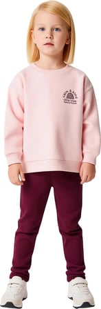 Kız Çocuk Kalın İçi Polarlı Örme Alt Üst Takım Oversize Sloganlı Sweatshirt ve Geniş Paça Pantolon
