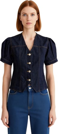 Kadın Denim Bluz V Yaka Kısa Balon Kol Casual Stil Kaliteli Şık Rahat Modern Zarif Günlük