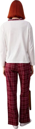 Kadın V Yaka Ekose Pijama Takımı Kalp Detaylı Fonksiyonel Dayanıklı Kaliteli Konforlu Spor