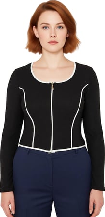 Kadın Uzun Kollu Fermuarlı Bluz Vücuda Oturan Kesim Esnek Örme Crop Model Kontrast Biye Detayları