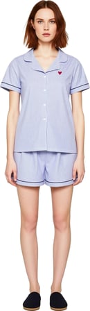 Kadın Gömlek Yaka Çizgili Pijama Takımı Kalp Baskılı Fonksiyonel Dayanıklı Kaliteli Modern