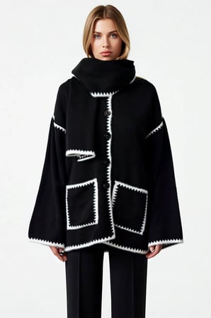 Kadın Moda Bisiklet Yaka Oversize Yumuşak Dokulu Atkılı Sakal Detaylı Mont Görünümlü Triko Hırka