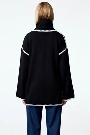 Kadın Moda Bisiklet Yaka Oversize Yumuşak Dokulu Atkılı Sakal Detaylı Mont Görünümlü Triko Hırka