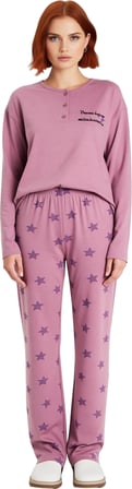 Kadın Uzun Kollu Yıldız Baskılı Pijama Takımı Fonksiyonel Dayanıklı Kaliteli Konforlu Spor
