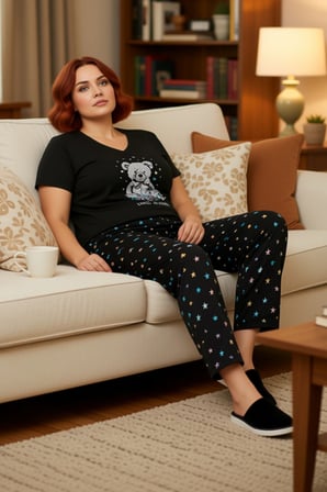 Kadın Ayıcık Yıldız Desenli Pijama Takımı V Yaka Fonksiyonel Dayanıklı Kaliteli Konforlu Şık