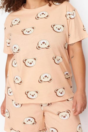 Büyük Beden Kadın %100 Pamuk Bisiklet Yaka Kısa Kol Ayıcık Baskılı Pamuklu Örme Pijama Takımı