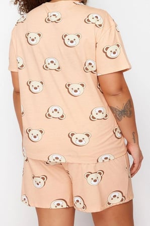 Büyük Beden Kadın %100 Pamuk Bisiklet Yaka Kısa Kol Ayıcık Baskılı Pamuklu Örme Pijama Takımı