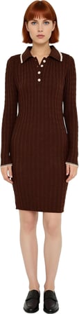 Kadın Bodycon Kesim Polo Yaka Kahverengi Akrilik Triko Mini Elbise Kışa Özel Günlük Şıklık