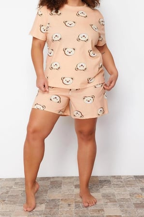 Büyük Beden Kadın %100 Pamuk Bisiklet Yaka Kısa Kol Ayıcık Baskılı Pamuklu Örme Pijama Takımı