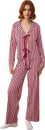 Kadın Çizgili Pamuklu Pijama Takımı Fonksiyonel Dayanıklı Kaliteli Konforlu Estetik Modern