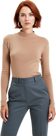 Kadın Moda Şık Regular Dik Yaka Slim Kalıp Örme Fitted Vücuda Oturan Kol Fitilli Esnek Bluz