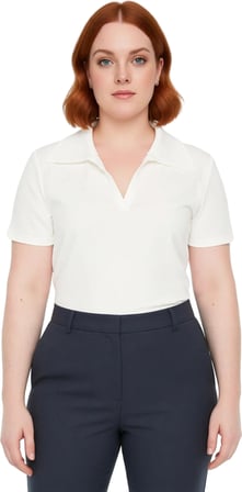 Moda Büyük Beden Polo Yaka Örme Regular Düz Desen Casual Günlük Crop Kısa Kol Bluz