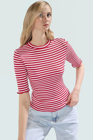 Pamuklu Polyester Elastan Karışımlı Fitted Bluz Bisiklet Yaka Kısa Kollu Yıkamalı