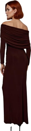 Kadın Carmen Yaka Bodycon Kesim Kahverengi Büzgülü Maxi Elbise Kış Akşamları İçin Kaliteli