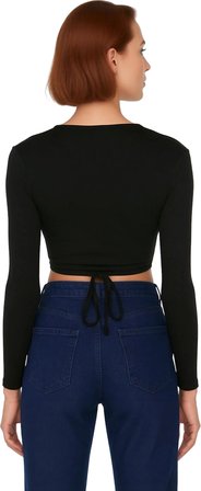 Kadın Moda Şık Üst Giyim Crop Kruvaze Yaka Slim Kalıp Örme Yaka Fitted Vücuda Oturan Esnek Bluz