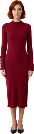Kadın Düğmeli Dik Yaka Uzun Kollu Midi Elbise Bodycon Kalıbıyla Vücuda Oturan Örme Dokusu Kaliteli