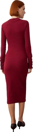 Kadın Düğmeli Dik Yaka Uzun Kollu Midi Elbise Bodycon Kalıbıyla Vücuda Oturan Örme Dokusu Kaliteli