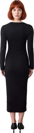 Kadın Kışlık Fitilli Akrilik Triko Midi Elbise Bodycon Kesim Asimetrik Düğme Detaylı Uzun Kollu