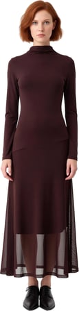 Kadın Feminine A Kesim Dik Yaka Uzun Kollu Örme Midi Elbise Gündüz Ve Gece Şıklığı Kaliteli