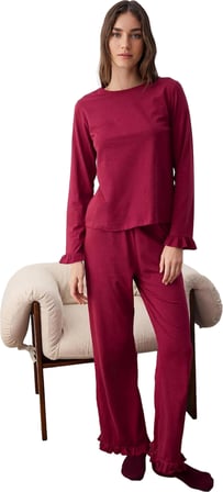 Kadın Fırfırlı Bisiklet Yaka Uzun Kollu Pijama Takımı Fonksiyonel Dayanıklı Kaliteli Rahat