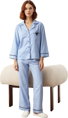 Kadın Çizgili Poplin Pijama Takımı Gömlek Yaka Fonksiyonel Dayanıklı Kaliteli Konforlu Şık