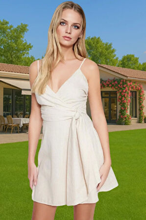 Rahat Yazlık Mini Elbise Pamuklu Keten Askılı V Yaka Bel Kuşağı Profesyonel Görünüm Mükemmel Uyum